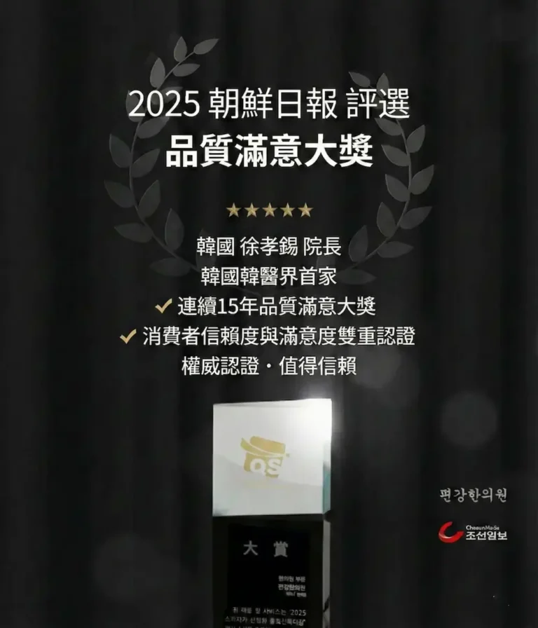 2025 朝鮮日報評選「品質滿意大獎」獲獎宣傳海報。韓國扁康韓醫院徐孝錫院長，韓國韓醫界首家連續15年獲獎，具備消費者信賴度與滿意度雙重認證，權威認證值得信賴。圖中展示獎盃、扁康韓醫院及朝鮮日報標誌。